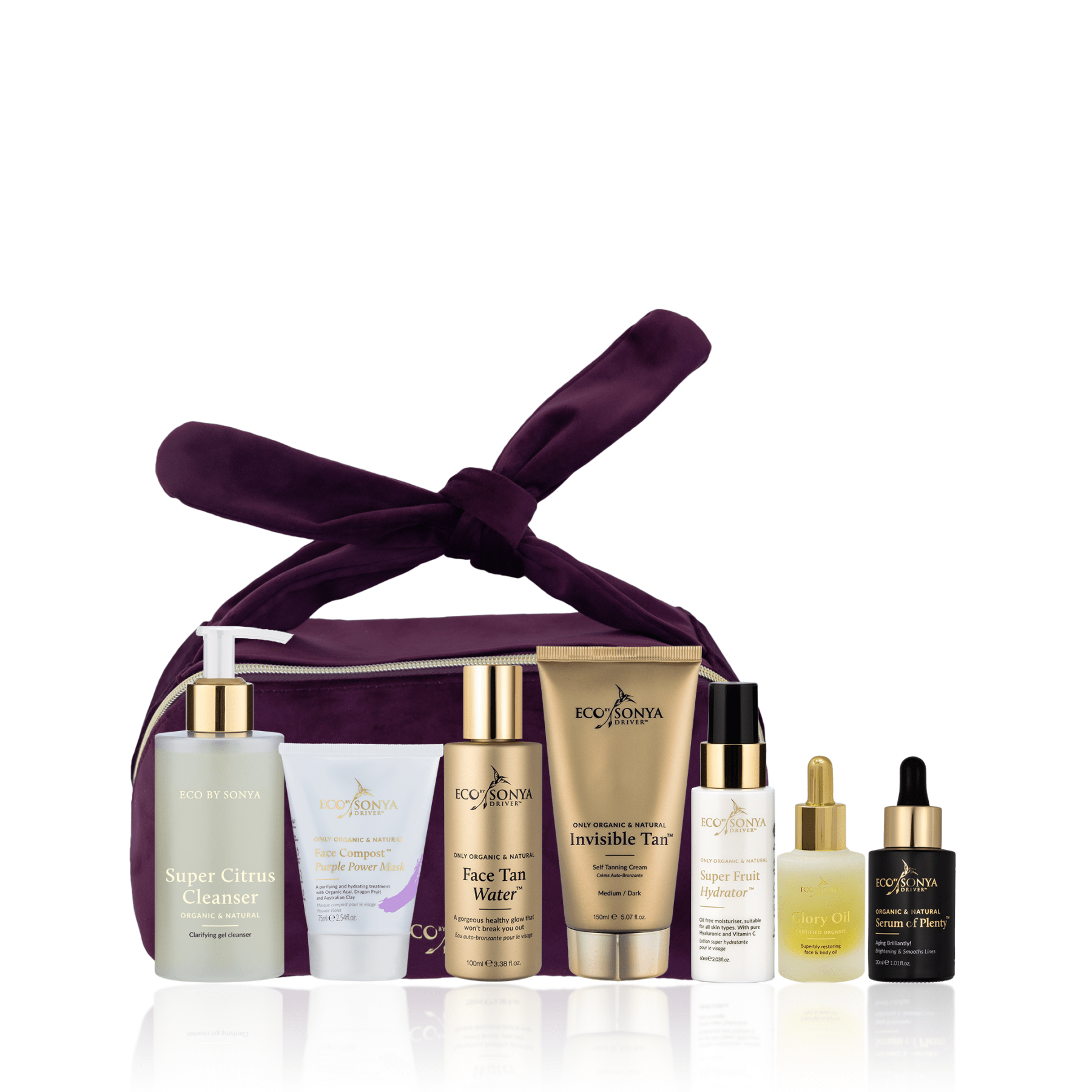 Eco By Sonya Vacay Pack including Super Citrus Cleanser, Face Mask, Body and Face Tanning products, Serum of Plenty, Face Hydrator and Glory Oil