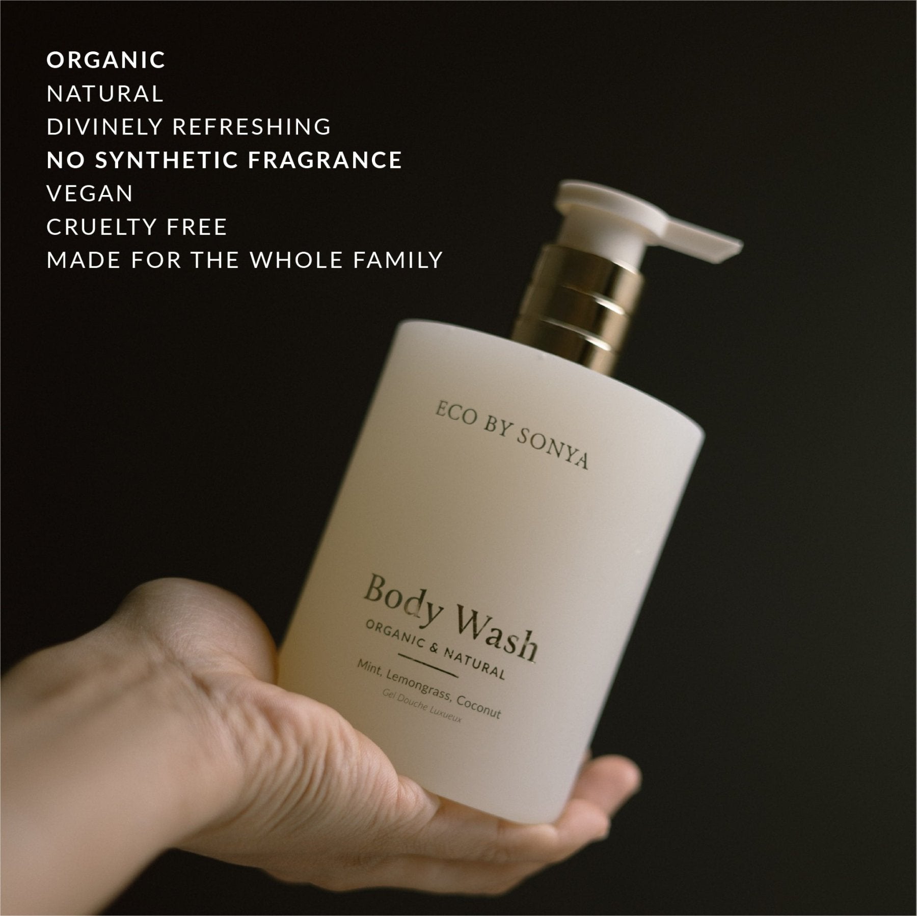 ECO BY SONYA Body Wash bottle highlighting its organic, family-friendly formula.