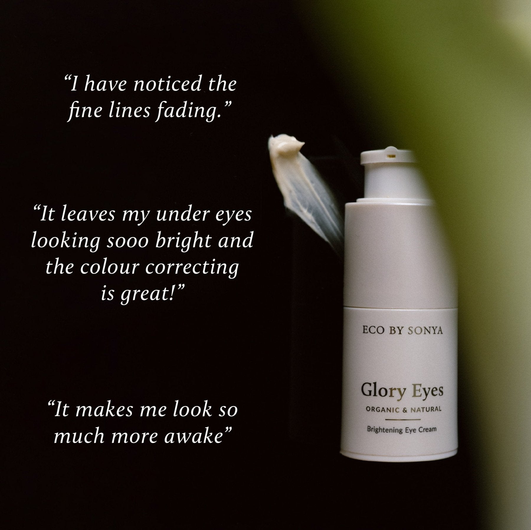Close-up of Eco By Sonya Glory Eyes with three customer reviews displayed alongside the product.