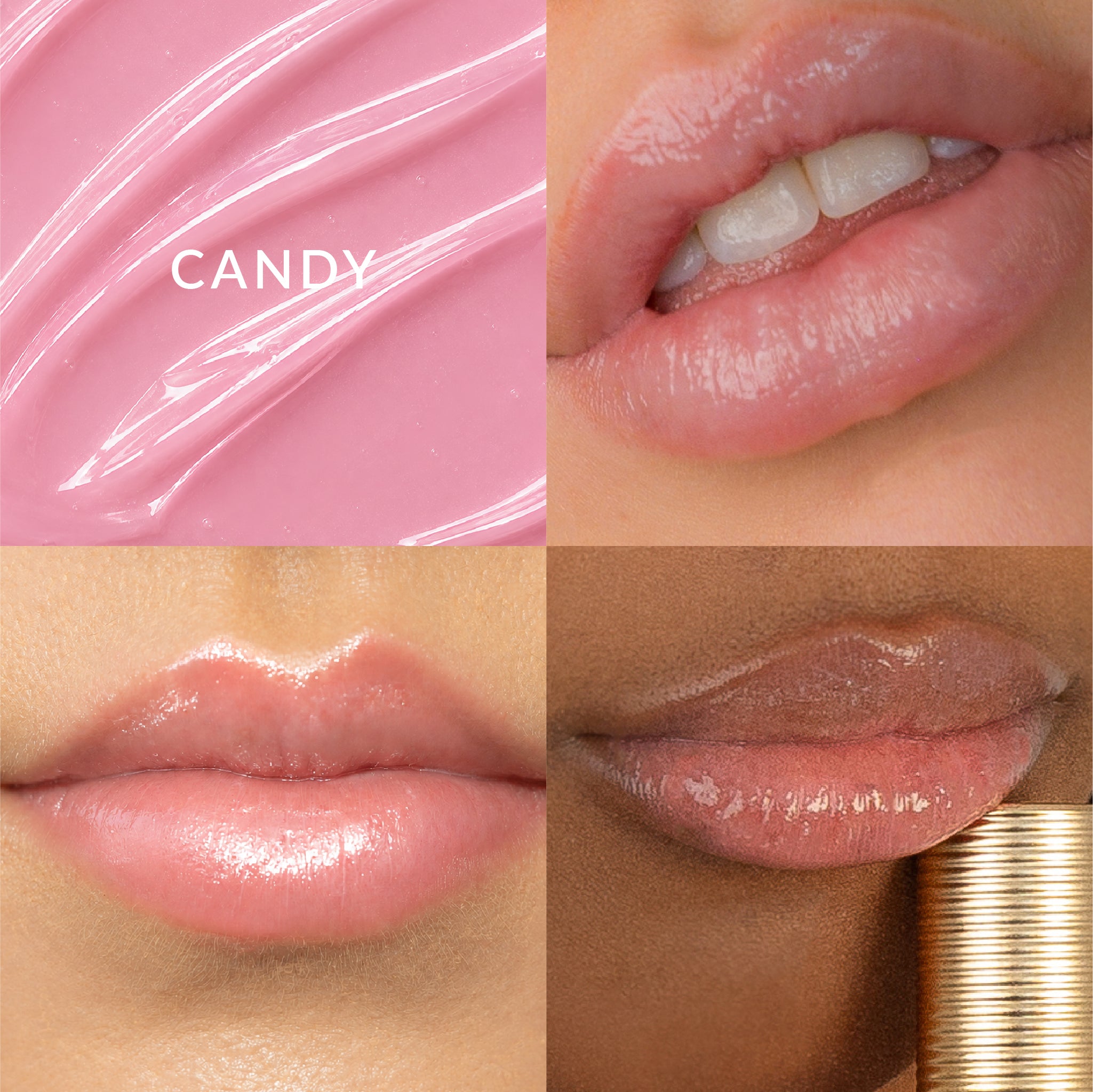 Glory Gloss Candy swatch, before-and-after lips, and product application.
