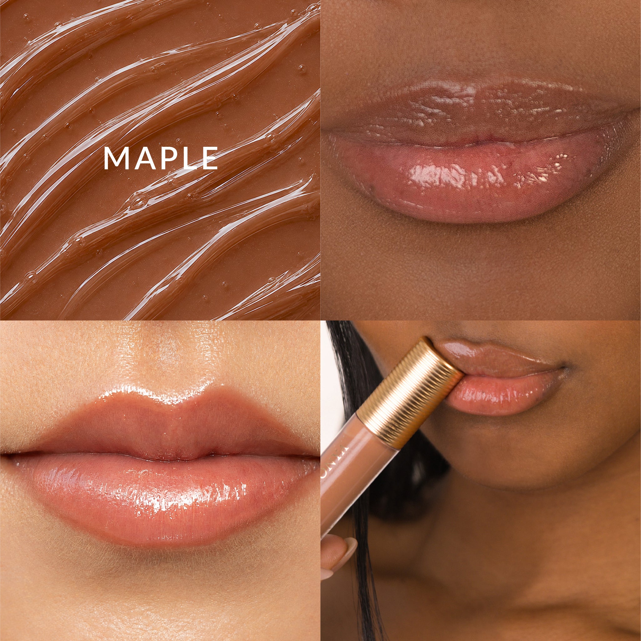Glory Gloss Maple swatch, before-and-after lips, and product application.