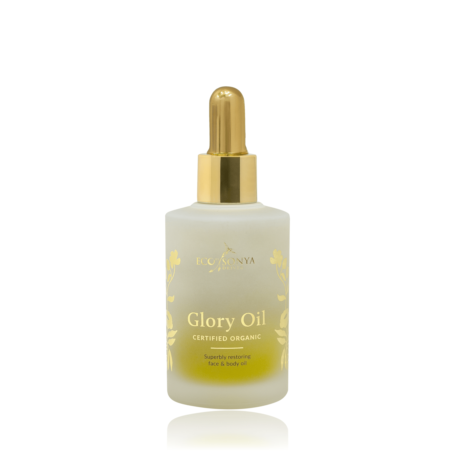 Eco By Sonya Glory Oil 100ml bottle with golden dropper on white background, organic natural face oil from Australia.