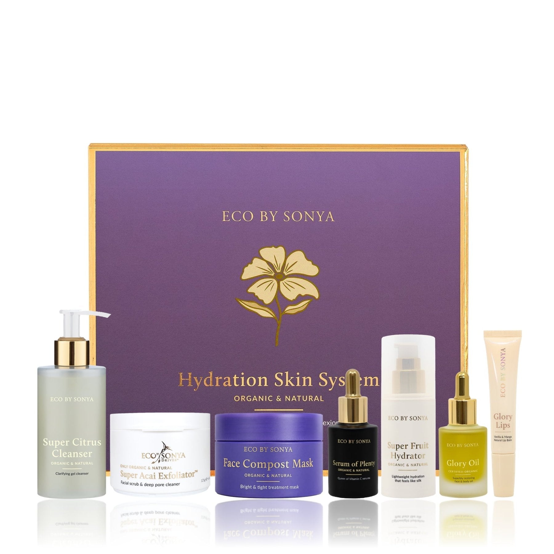 A collection of Eco By Sonya Hydration Skin System products, including cleanser, serum, oil, mask, hydrator, exfoliator and bonus lip balm, arranged together on a clean background.