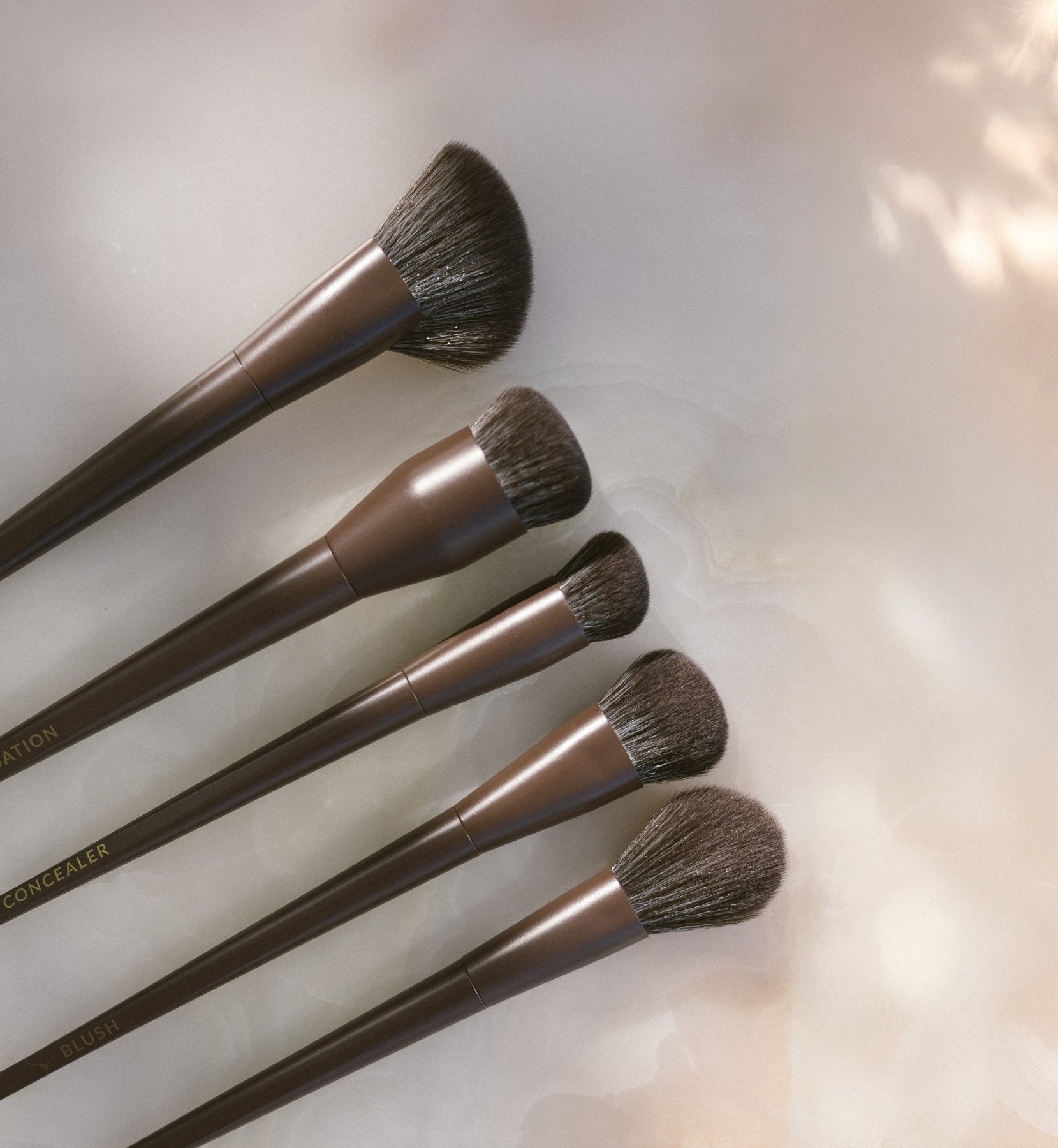 5 of the Eco By Sonya Makeup Brushes on a light surface