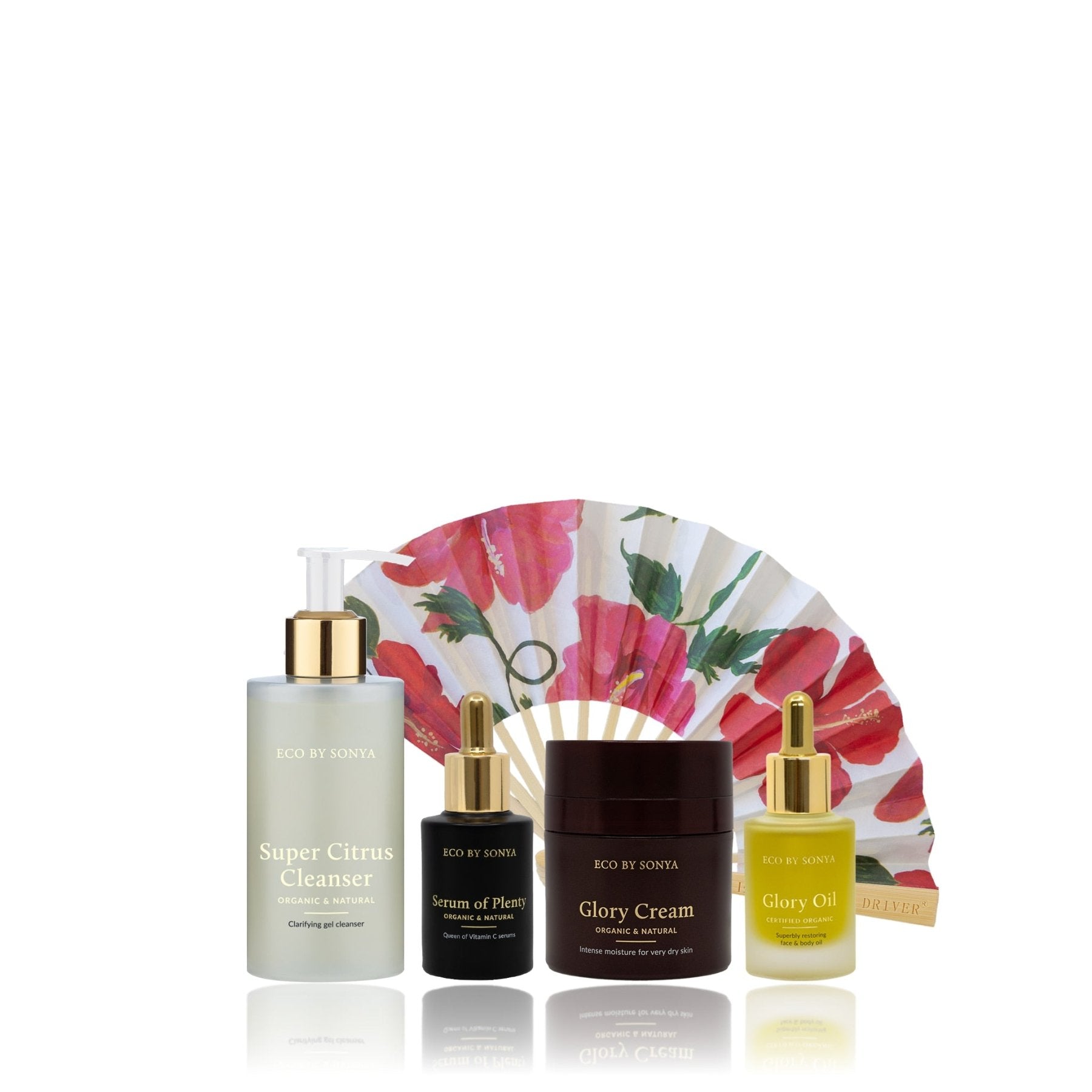 Eco By Sonya menopause skincare pack featuring a cleanser, serum, hydrator, oil and a pink floral folding fan.