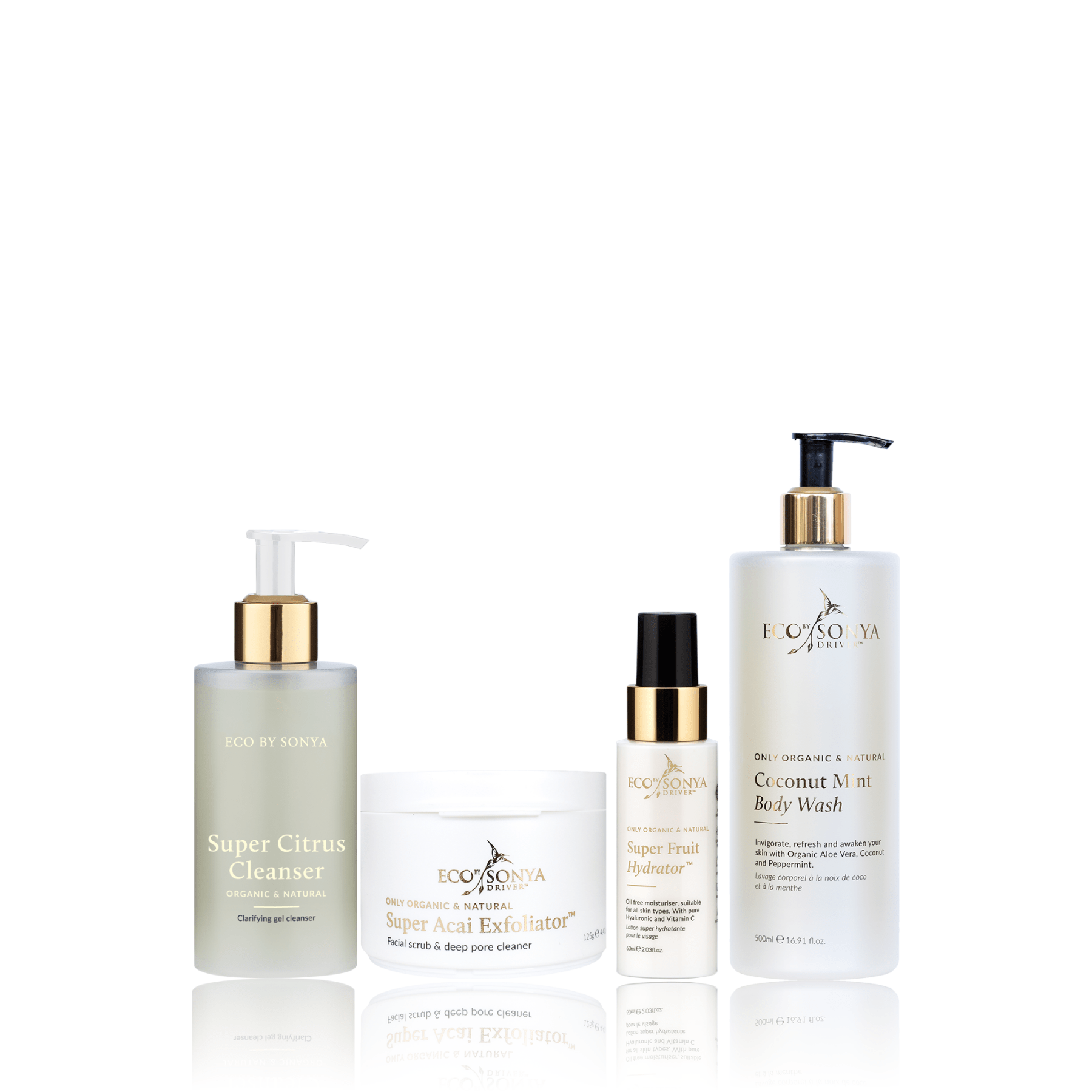 Set of Eco By Sonya skincare products including Super Citrus Cleanser, Acai Exfoliator, Super Fruit Hydrator and Coconut Mint Body Wash