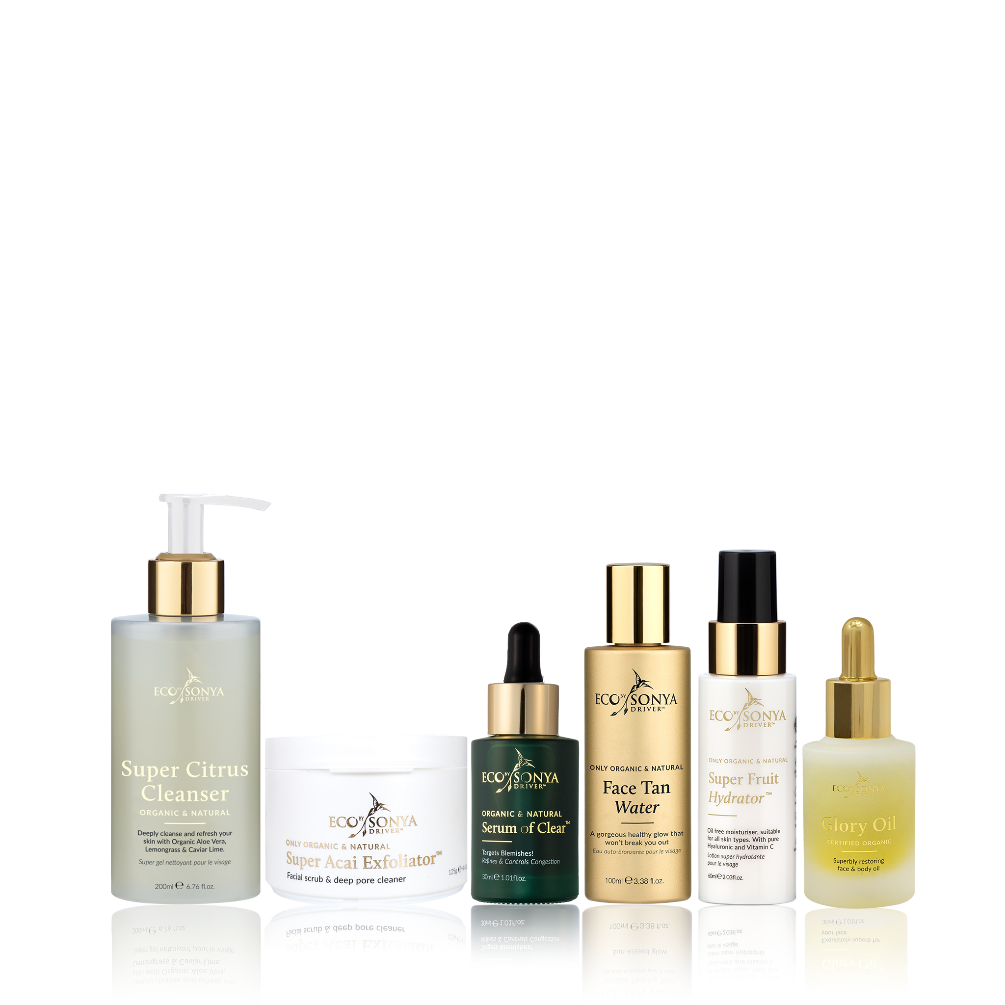Collection of skincare products from Eco By Sonya on a white background