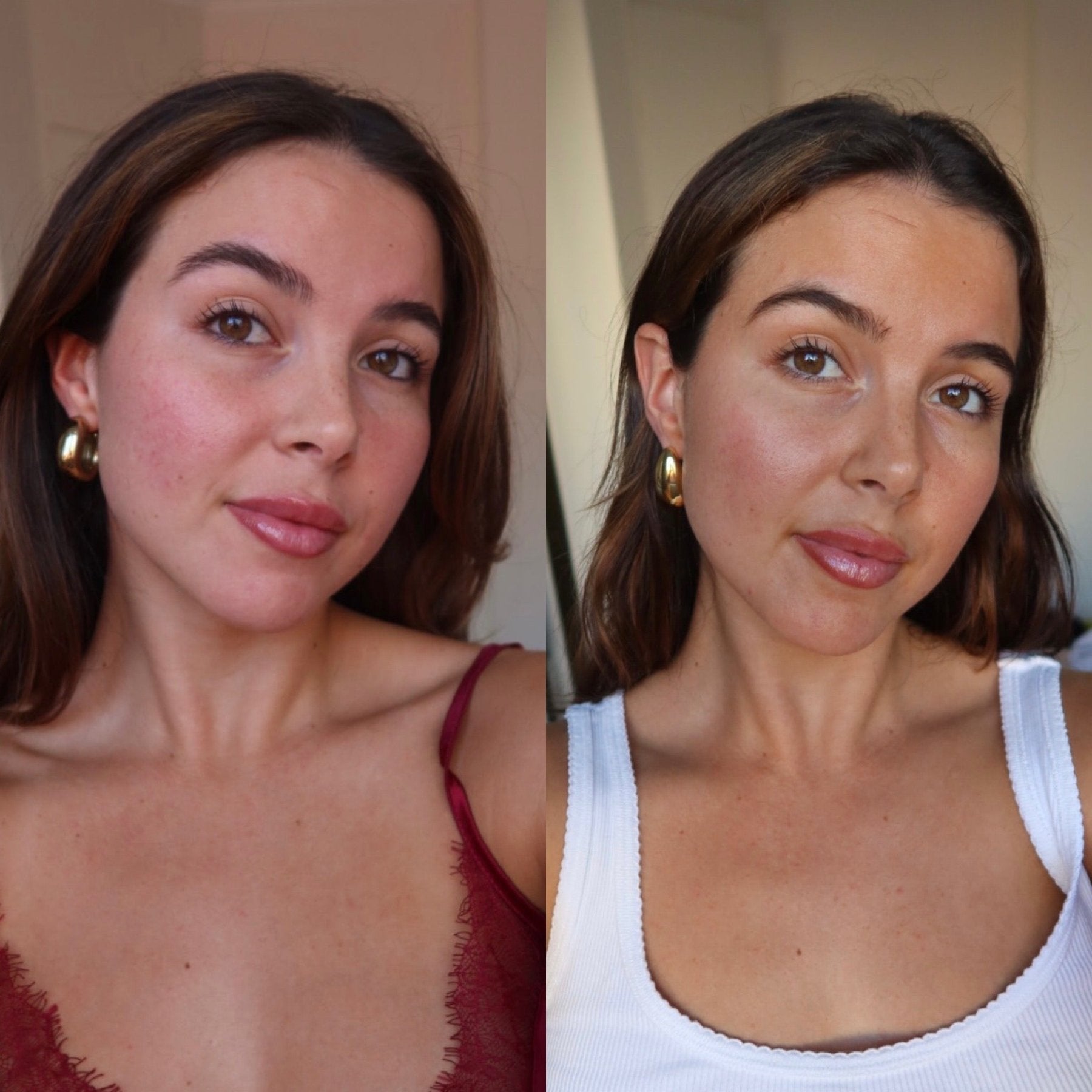 Comparison of a woman before and after applying Face Tan Water