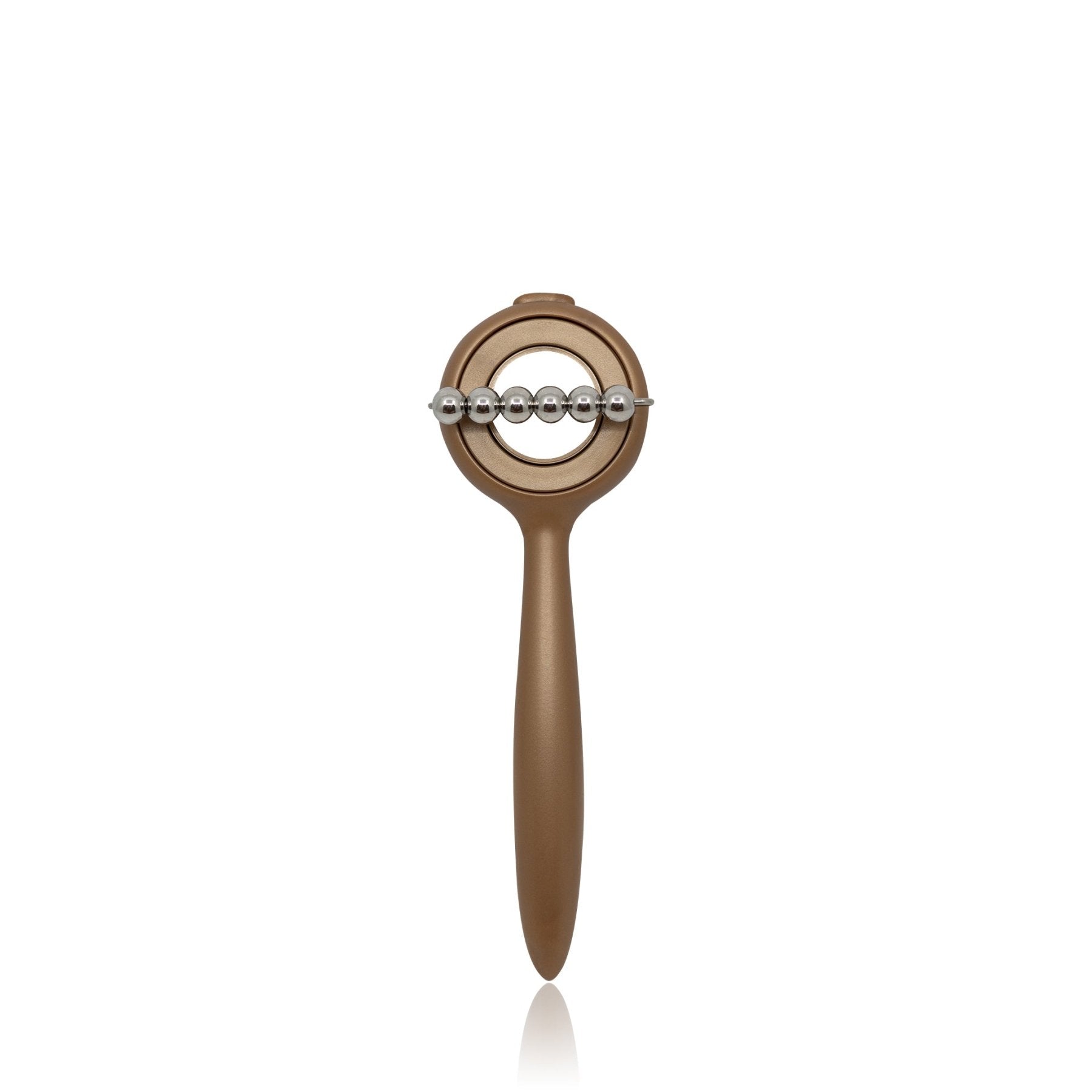 Bronze-colored face sculpting tool with a circular head and massage beads