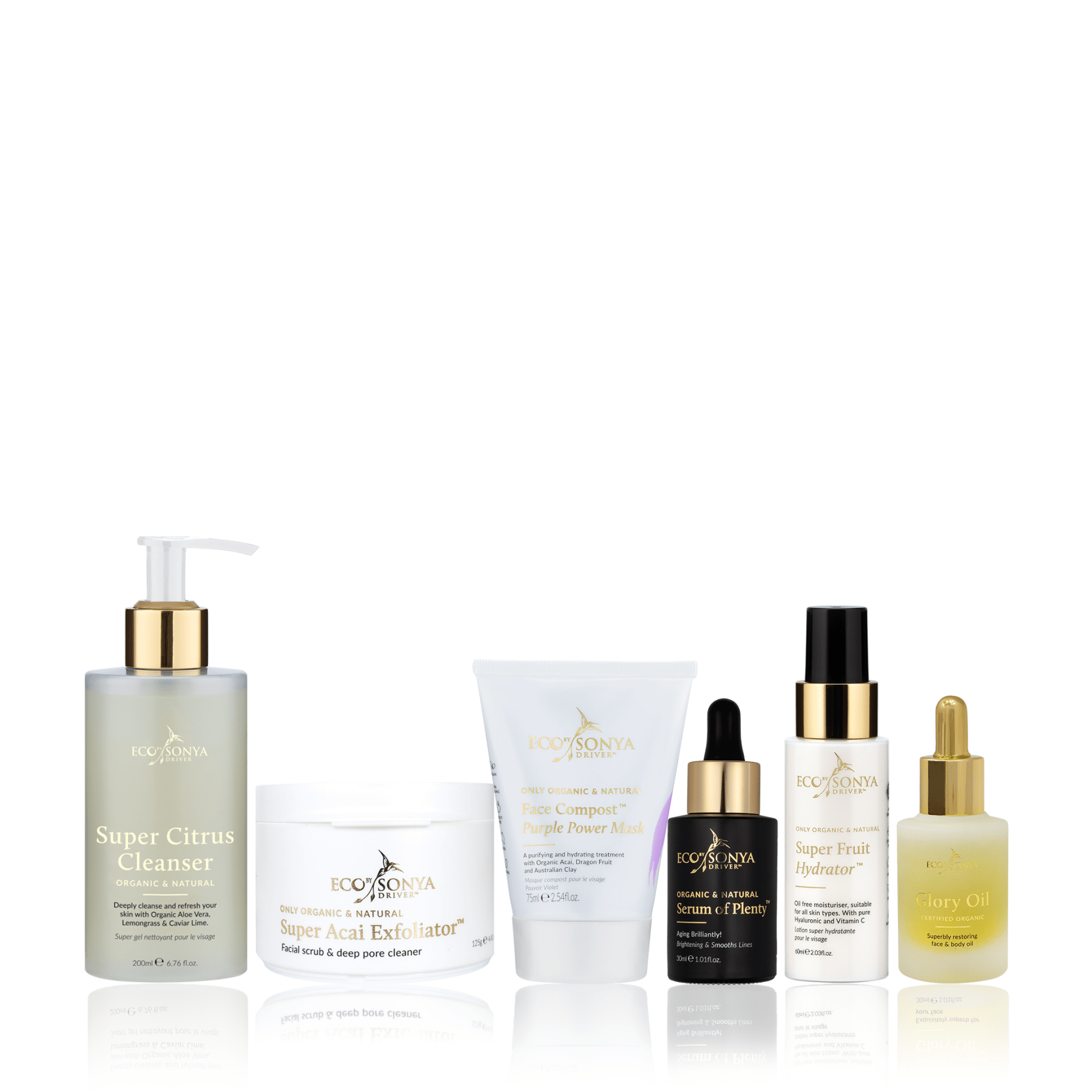 Collection of Eco By Sonya skincare products on a white background