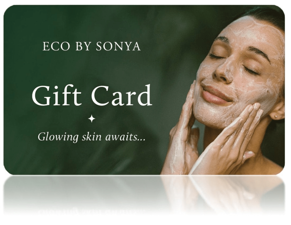 Gift card with a person applying cream to their face, featuring 'ECO BY SONYA' branding.